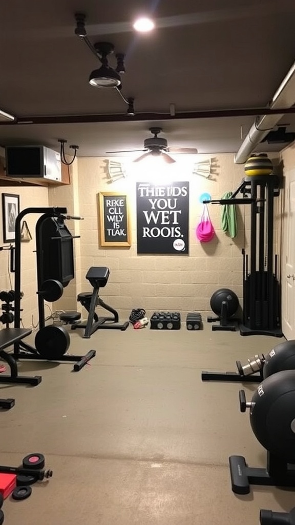A functional workout space in a basement with exercise equipment.