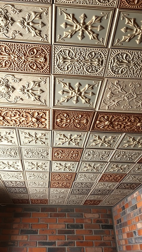 A ceiling featuring decorative tin tiles in various designs and colors.