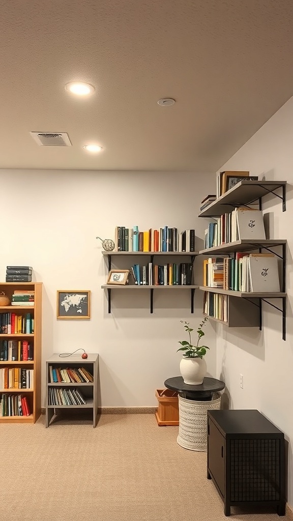 A cozy basement with wall-mounted shelves displaying books and a decorative plant, showcasing vertical storage solutions.