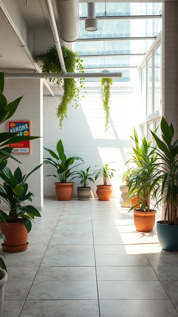 Indoor garden with various potted plants in a bright room