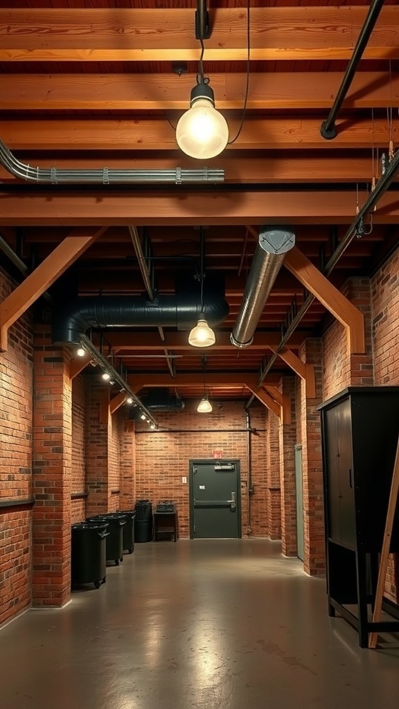 A basement hallway featuring exposed wooden beams, brick walls, and vintage lighting.
