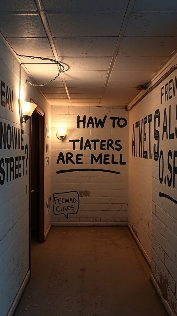 A hallway with large text art on the walls, creating a unique and playful atmosphere.