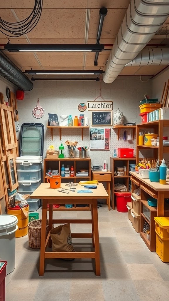 A well-organized basement craft space with a wooden table, colorful storage bins, and various art supplies.