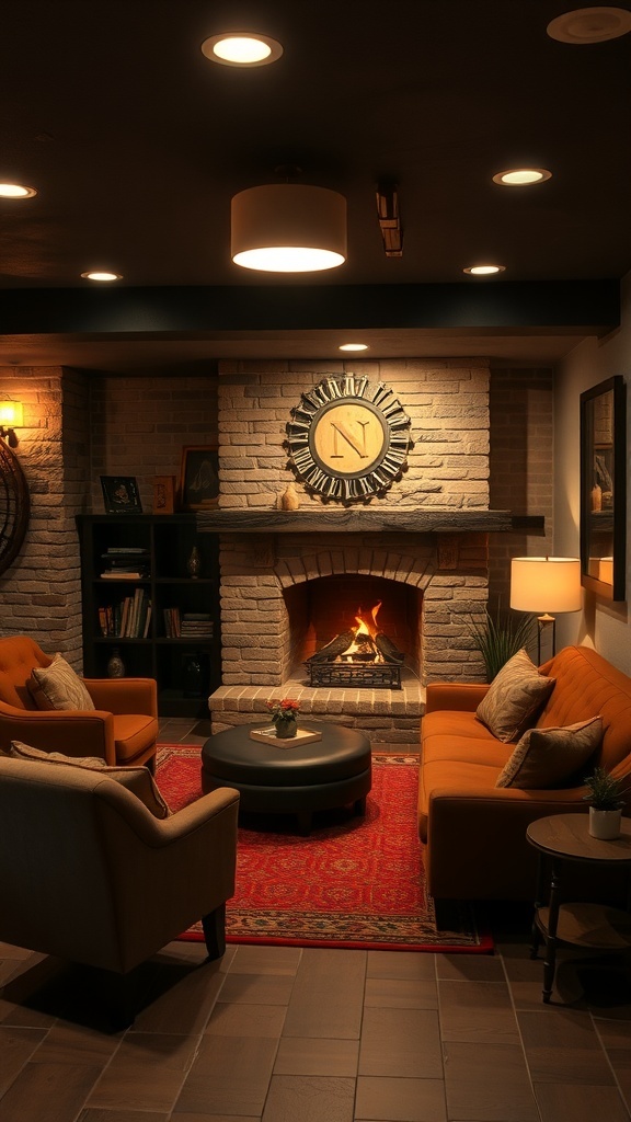 Cozy basement family room with a warm fireplace, comfortable seating, and soft lighting.