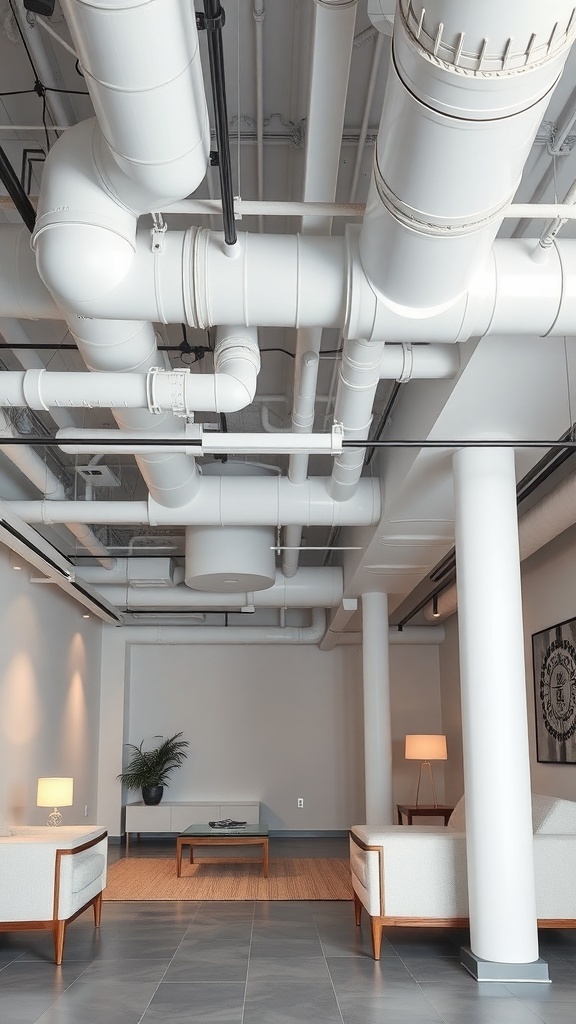 A minimalist basement with exposed white pipes and simple furniture.