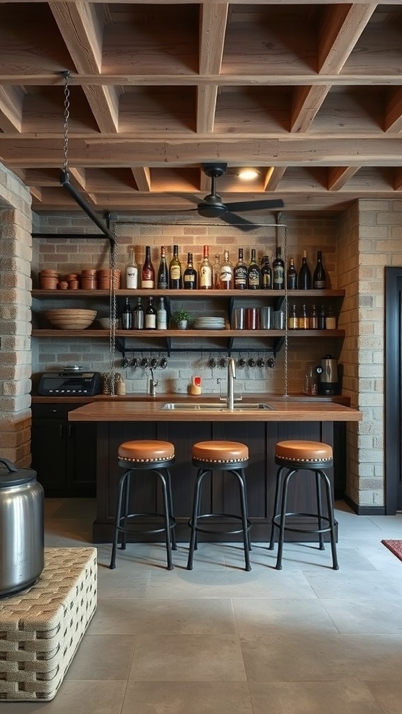 Rustic bar area in an unfinished basement with wooden bar top and stools