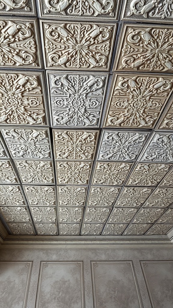 Ornate stenciled ceiling design in a basement