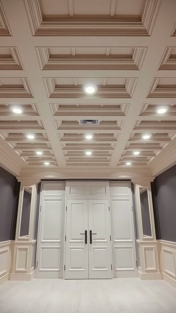 A coffered ceiling design in a basement with recessed lighting and white walls.