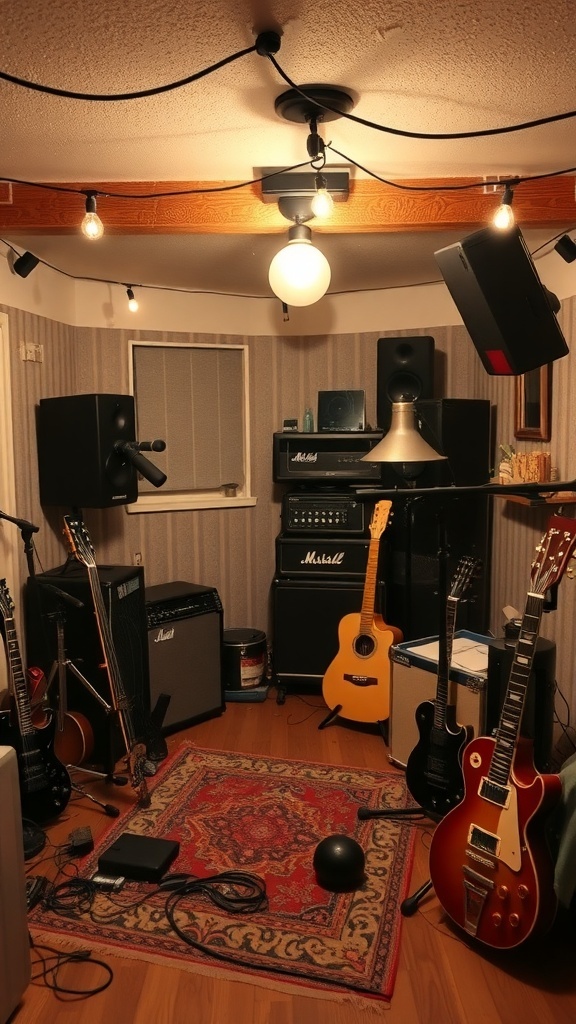 A cozy music studio in a basement with guitars, amplifiers, and warm lighting.