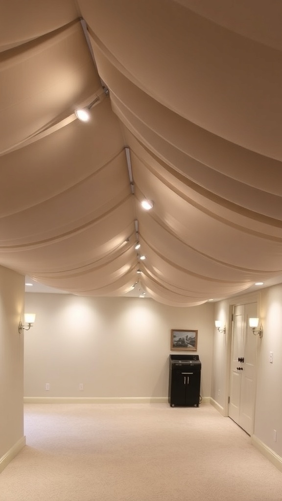 A cozy basement with a stretched fabric ceiling, showcasing soft drapes and a warm atmosphere.