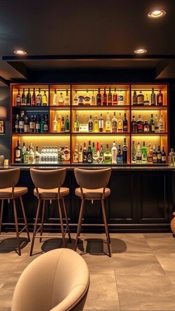 A stylish bar area with shelves of various drinks and modern seating.