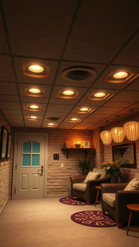 Cozy basement with warm lighting and comfortable seating