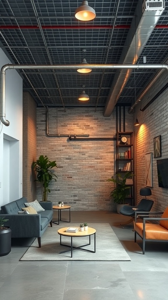 An urban loft style living area featuring a metal grid ceiling, industrial lighting, and modern furniture.