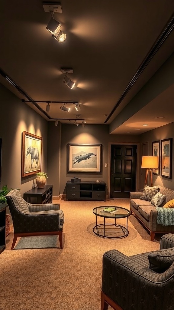A cozy basement living area featuring track lighting that highlights artwork and furniture.