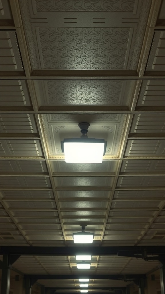A metal ceiling with a grid pattern and bright light fixtures