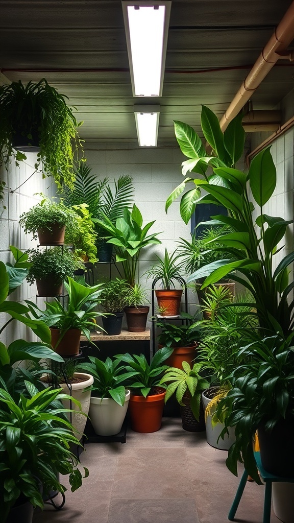 A collection of indoor plants in a low ceiling basement, showcasing various sizes and types of greenery.