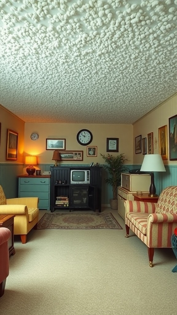 A cozy living area featuring a popcorn ceiling and vintage decor.