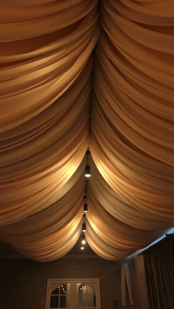 Draped fabric ceiling with soft lighting in a basement