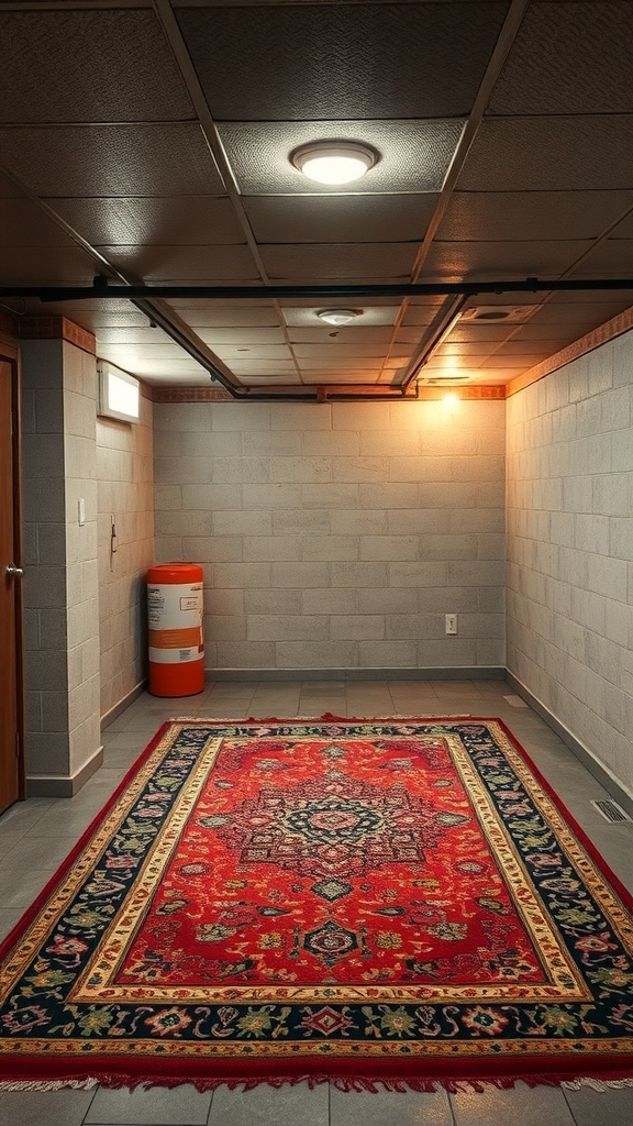 A low ceiling basement with a vibrant area rug on the floor