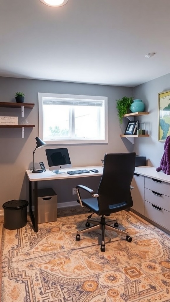 A cozy basement home office with a desk, computer, and plants.