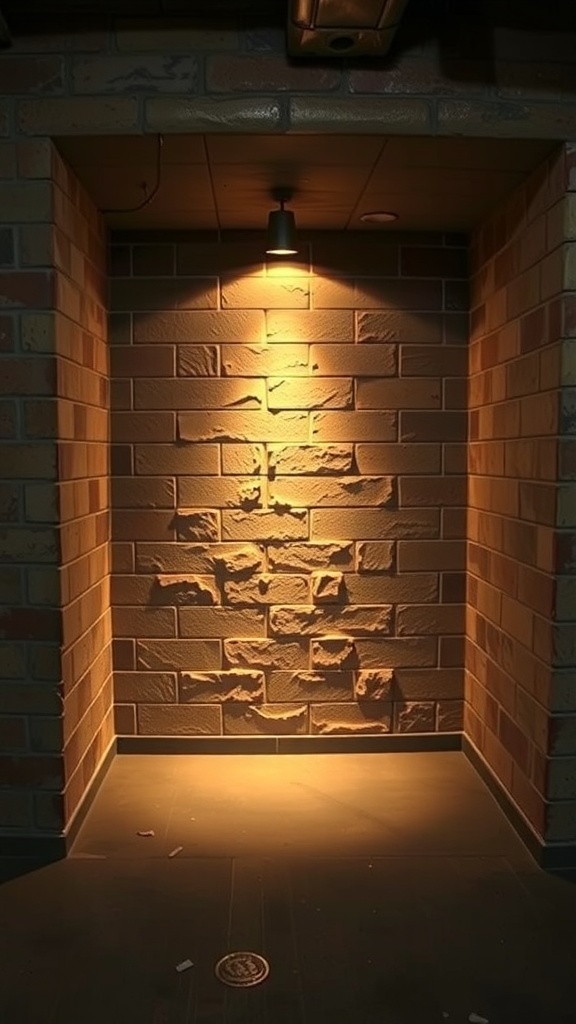 A well-lit corner in a basement showcasing a textured wall with warm accent lighting.