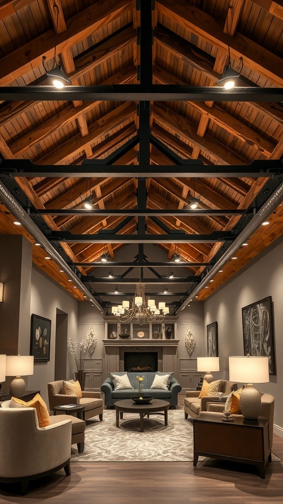 A sophisticated basement with wooden beams and metal accents, featuring cozy seating and stylish lighting.