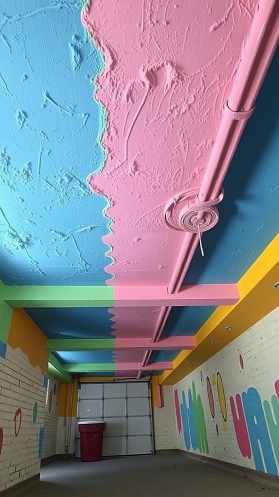 A colorful painted basement ceiling with sections of blue, pink, green, and yellow.
