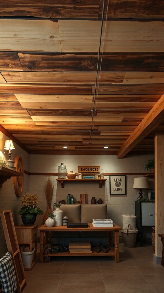 A cozy basement with wooden planks on the ceiling, featuring rustic decor and soft lighting.