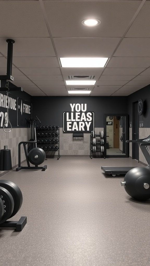 A modern basement fitness area with weights and workout equipment.