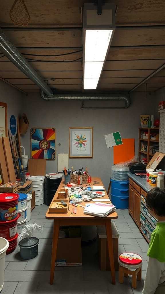 A bright and organized crafting studio in a basement, featuring a large table with art supplies and colorful decorations.