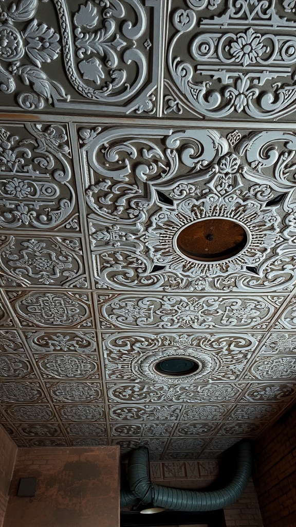 Intricate stenciled ceiling design in a basement