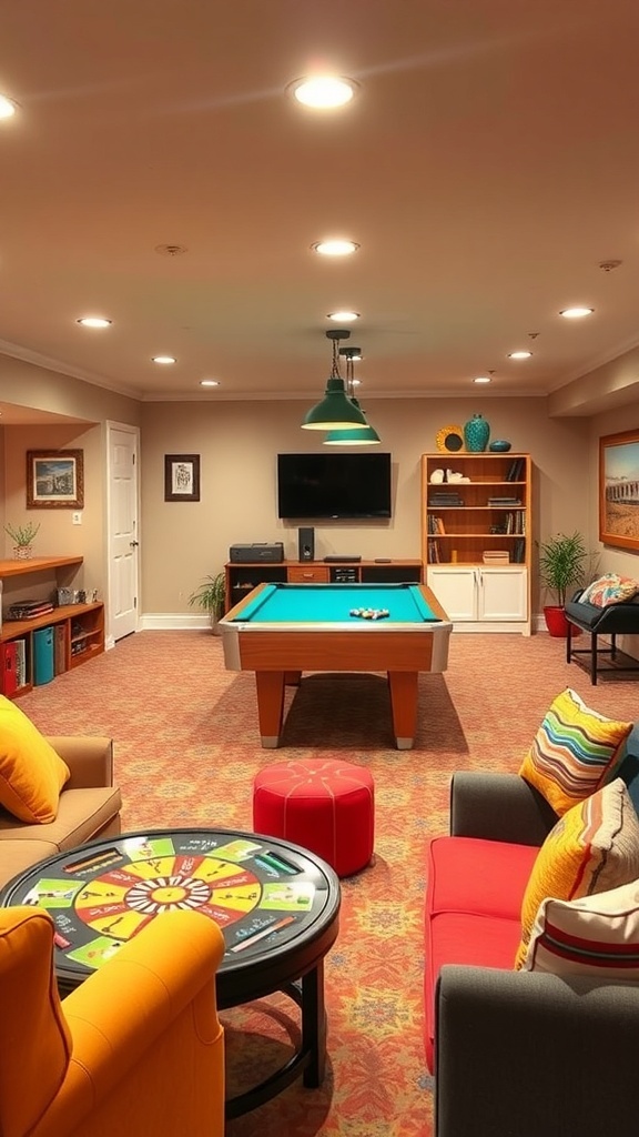 A cozy basement family room featuring a pool table, colorful seating, and a game table.
