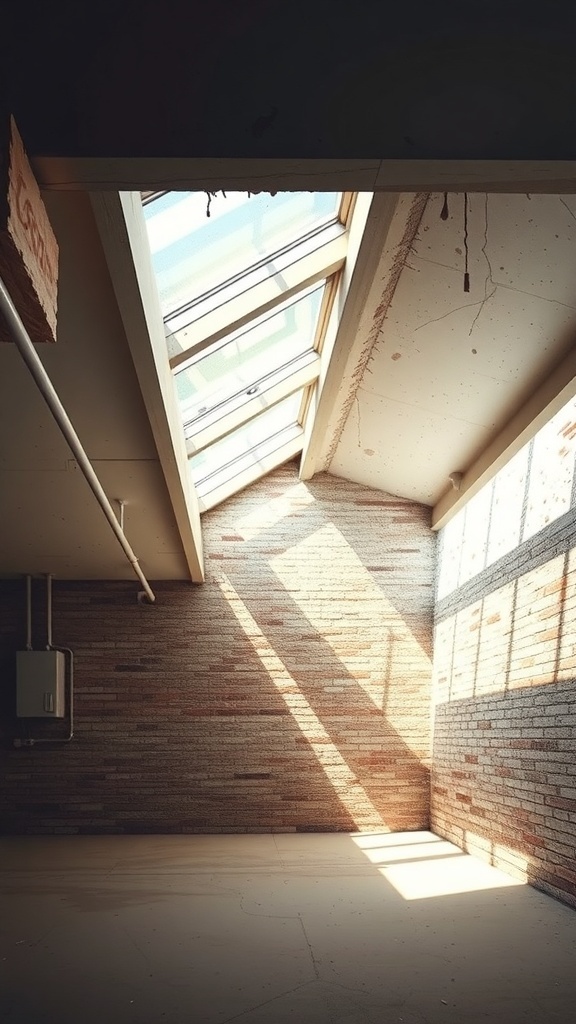 A bright basement with skylights allowing natural light to enter, illuminating the brick walls.