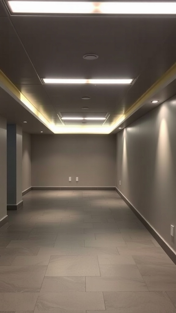 A sleek basement hallway featuring recessed lighting in the ceiling.