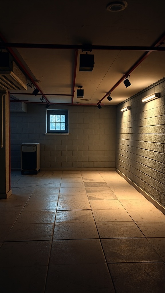 A well-lit basement with dimmable lighting options, showcasing a mix of overhead and wall-mounted lights.