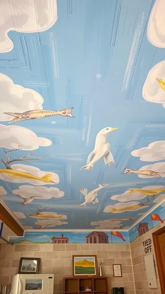 A mural ceiling depicting a blue sky with clouds, birds, and fish.