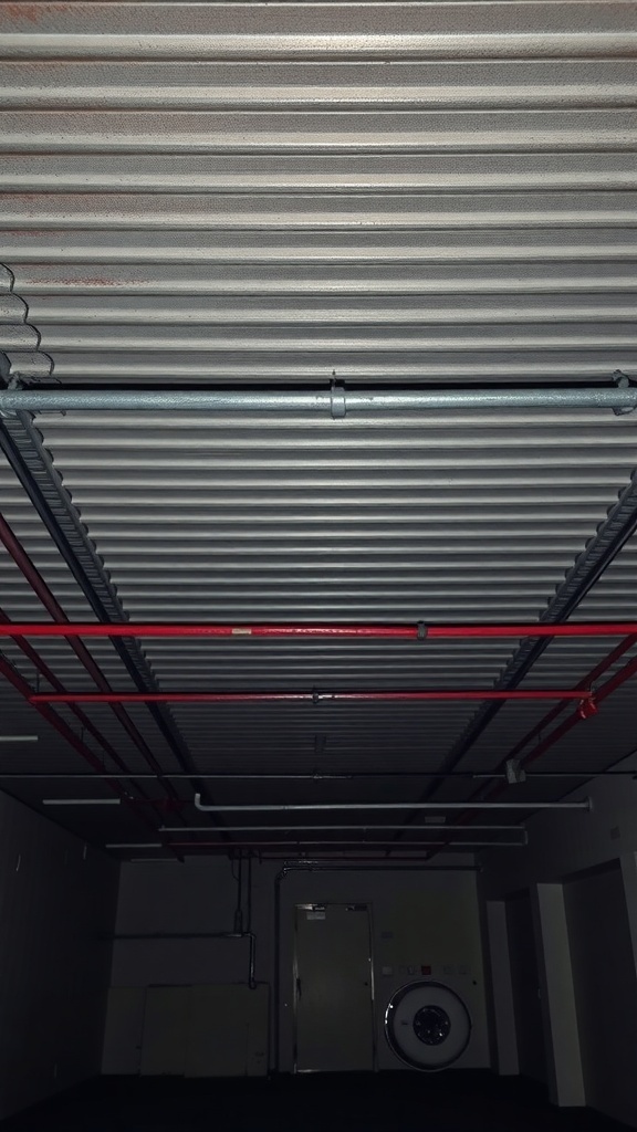 Ceiling with corrugated metal panels and exposed pipes
