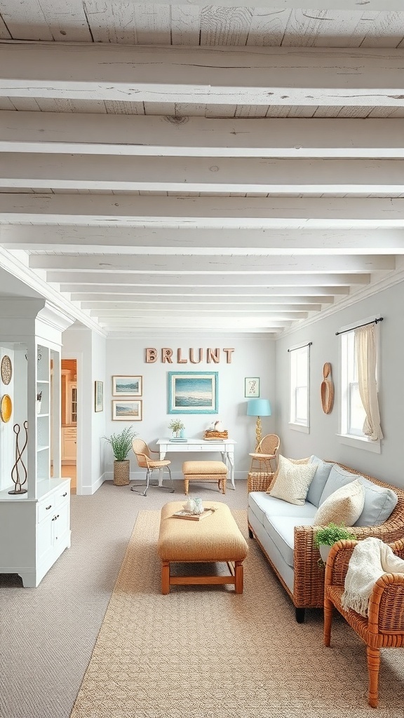 A bright and airy coastal retreat featuring whitewashed beams and beach-inspired decor.