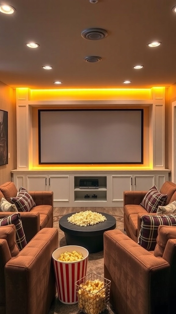 Cozy basement movie room with comfortable seating and popcorn.