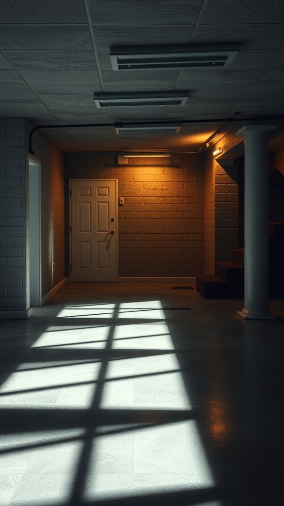 A well-lit basement with artistic floor lighting casting shadows.