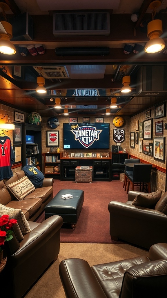 A cozy basement sports viewing area with leather seating, a large screen, and sports memorabilia.
