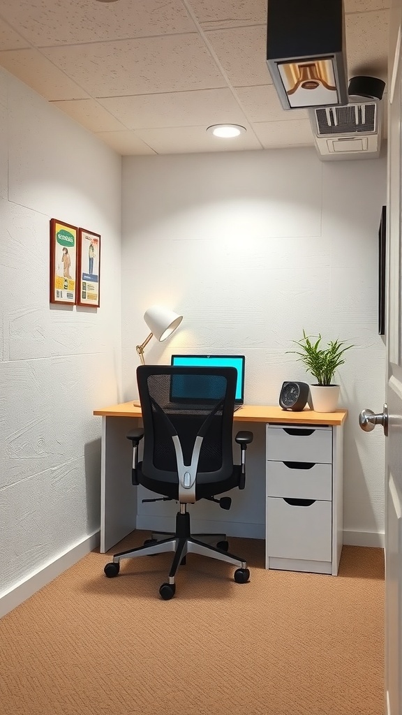 Cozy home office corner in a low ceiling basement with a desk, chair, and plant.