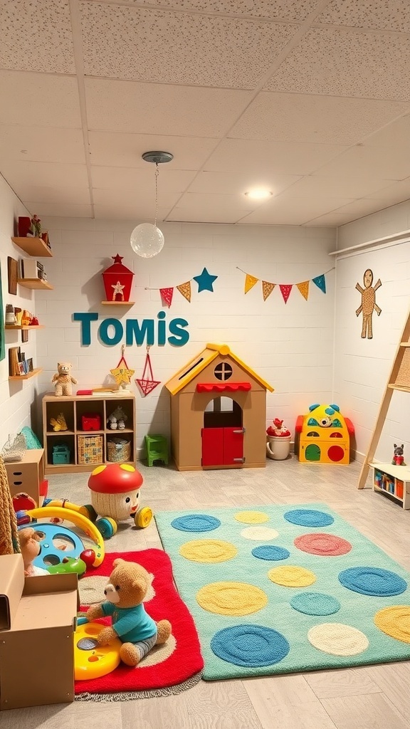 A colorful kids' play area in a basement with toys, a playhouse, and a cozy rug.