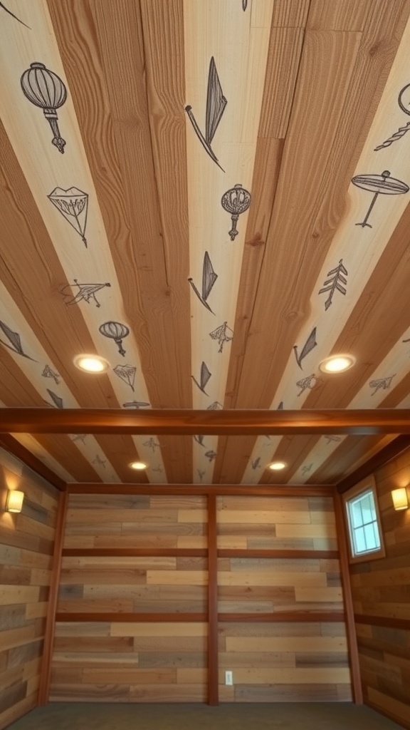 Artistic wooden ceiling with hand-drawn designs