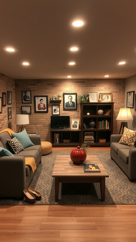 Cozy basement family room with comfortable seating, warm lighting, and family photos on the walls.