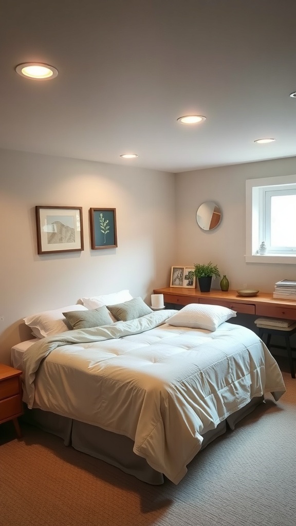 Cozy guest bedroom in an unfinished basement with a bed, decorative pillows, and warm lighting.