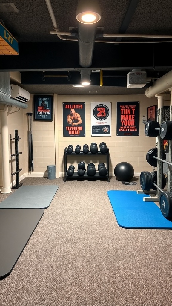 A mini home gym setup in a basement with dumbbells, exercise mats, and motivational posters.