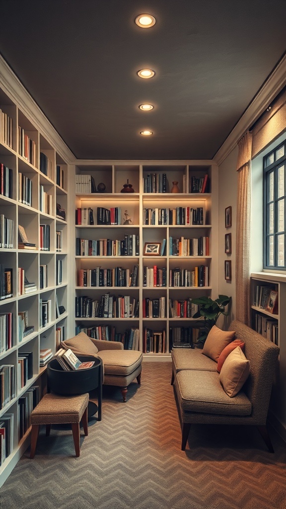 Cozy reading nook with built-in shelves and comfortable seating in a low ceiling basement.