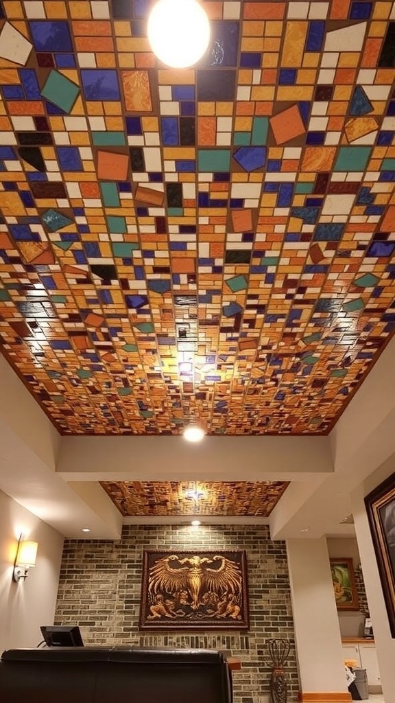 Colorful mosaic tile ceiling with various patterns and designs