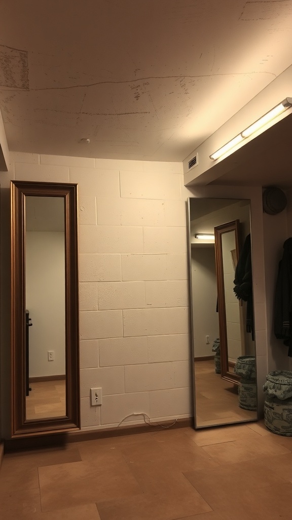 A low ceiling basement with two mirrors, one framed and one slim, enhancing the space.